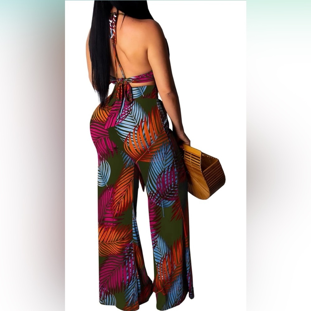 Tropical Leaf Print Wide-Leg Pants | Vacation Beach Lounge - Picture 5 of 7